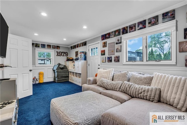 10 Buttonwood Dr, Old Bridge, NJ 08857 - living room with dark colored carpet, recessed lighting, and ornamental molding