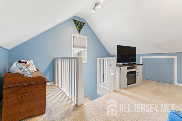 185 Rowland Pl, Woodbridge Proper, NJ 07095 - additional living space with carpet flooring, lofted ceiling, and a fireplace