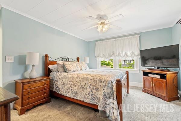 185 Rowland Pl, Woodbridge Proper, NJ 07095 - bedroom featuring ornamental molding, light carpet, and a ceiling fan