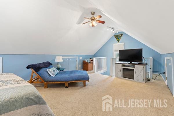 185 Rowland Pl, Woodbridge Proper, NJ 07095 - bedroom with vaulted ceiling, carpet, rail lighting, and a ceiling fan
