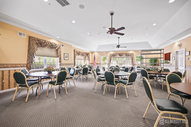 4 Holly Manor Ct, Helmetta, NJ 08828 - carpeted dining area with a wainscoted wall, a tray ceiling, crown molding, recessed lighting, and ceiling fan