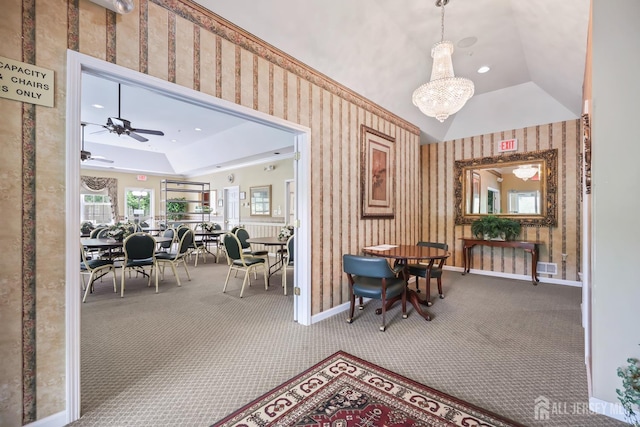 4 Holly Manor Ct, Helmetta, NJ 08828 - dining area featuring wallpapered walls, carpet floors, vaulted ceiling, a raised ceiling, and ceiling fan
