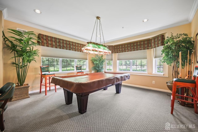 4 Holly Manor Ct, Helmetta, NJ 08828 - recreation room with ornamental molding, carpet flooring, billiards, and recessed lighting