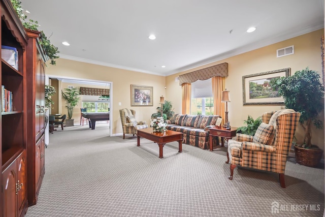 4 Holly Manor Ct, Helmetta, NJ 08828 - living area featuring light colored carpet, ornamental molding, and recessed lighting