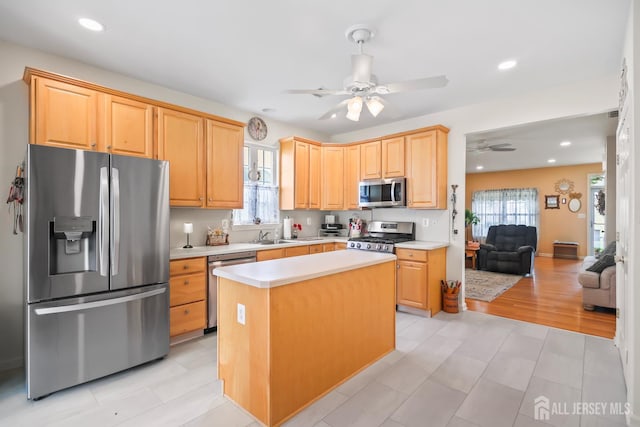 4 Holly Manor Ct, Helmetta, NJ 08828 - kitchen with stainless steel appliances, a ceiling fan, healthy amount of natural light, light brown cabinets, and recessed lighting