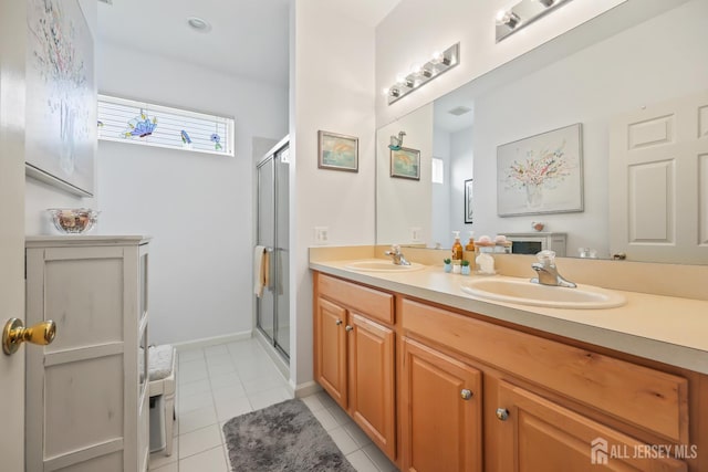 4 Holly Manor Ct, Helmetta, NJ 08828 - bathroom with double vanity, a stall shower, and tile patterned flooring