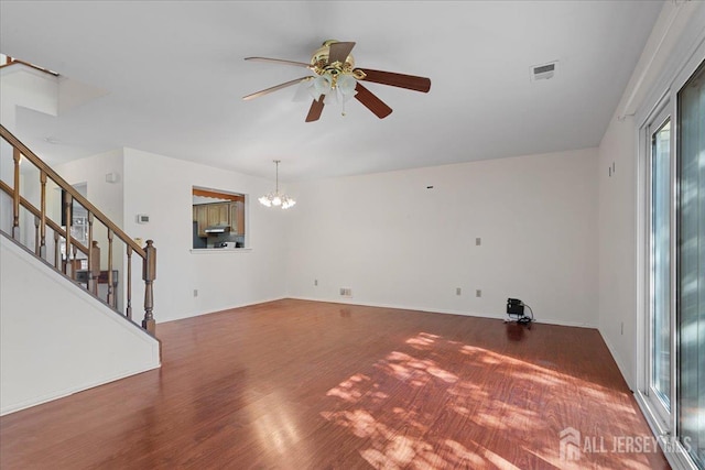 450 Saint Giles Ct, Franklin Twsp, NJ 08873 - unfurnished living room with stairs, wood finished floors, and ceiling fan
