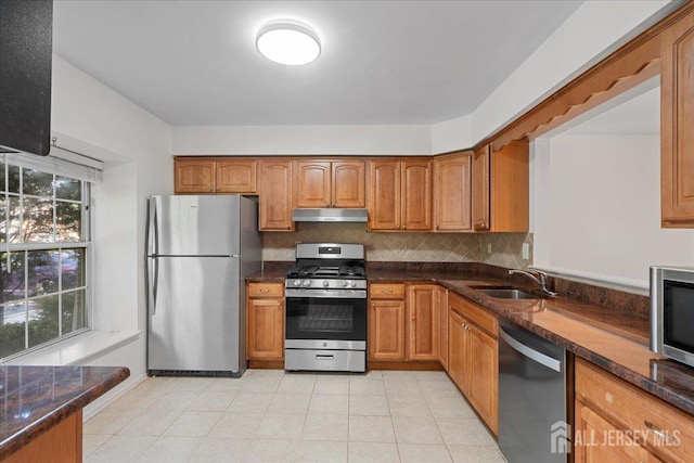 450 Saint Giles Ct, Franklin Twsp, NJ 08873 - kitchen with appliances with stainless steel finishes, under cabinet range hood, a sink, and brown cabinetry