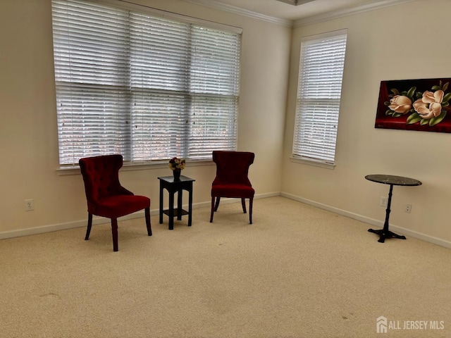 living area featuring ornamental molding, carpet floors, and a healthy amount of sunlight