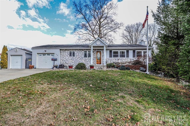 104 S Pennington Rd, New Brunswick, NJ 08901 - ranch-style home with an attached garage, driveway, stone siding, a front yard, and a chimney