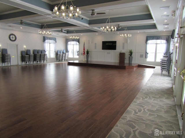 263 Valencia Dr, Monroe, NJ 08831 - interior space with a chandelier, dark wood-style flooring, crown molding, beam ceiling, and coffered ceiling