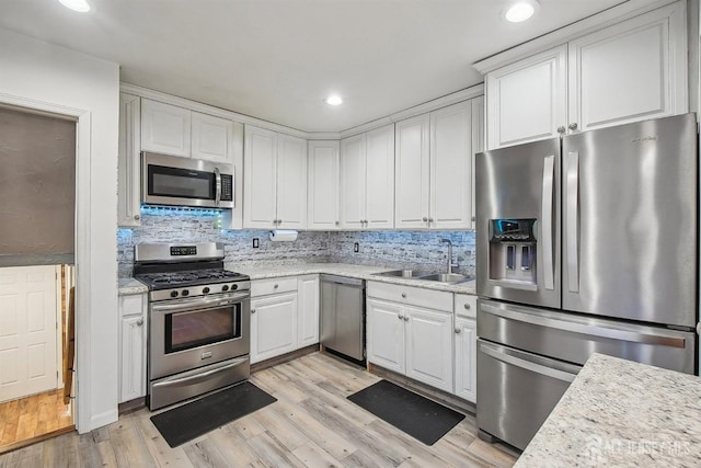 kitchen featuring white cabinetry, appliances with stainless steel finishes, decorative backsplash, and a sink