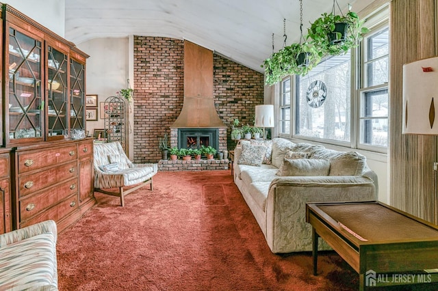 living room featuring dark colored carpet, plenty of natural light, a wood stove, and vaulted ceiling