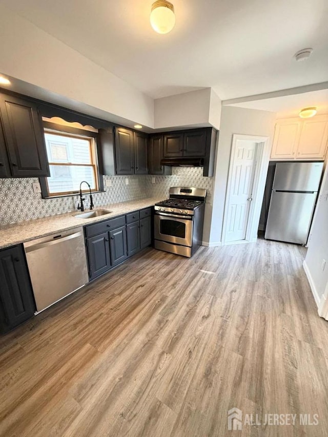 kitchen featuring backsplash, sink, stainless steel appliances, and light hardwood / wood-style flooring