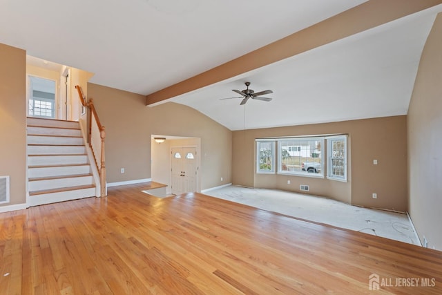 unfurnished living room featuring light wood-style flooring, vaulted ceiling with beams, stairs, and visible vents