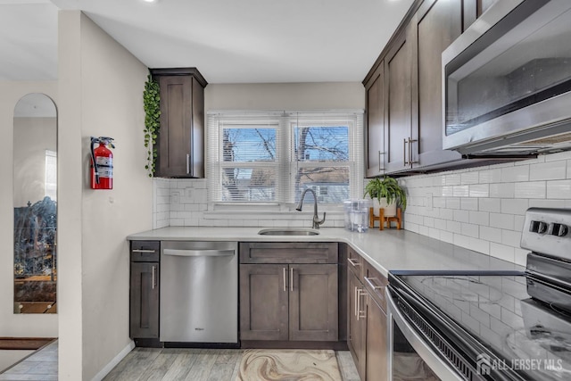 kitchen with dark brown cabinetry, a sink, light countertops, light wood finished floors, and stainless steel appliances