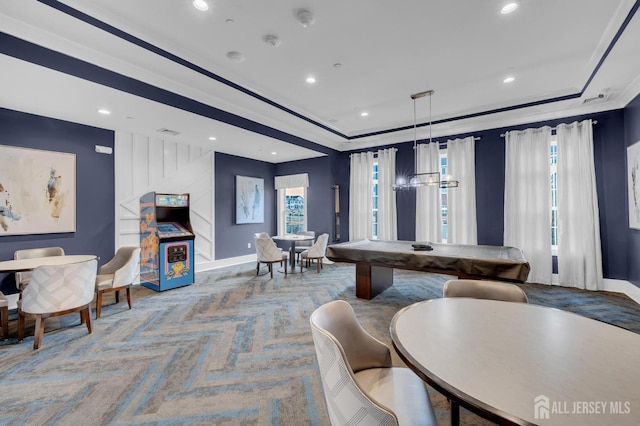 recreation room with crown molding, carpet floors, pool table, and a raised ceiling