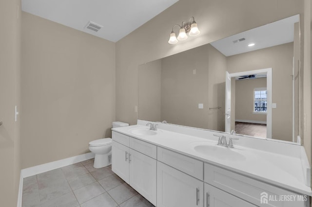 bathroom with ceiling fan, tile patterned floors, toilet, and vanity