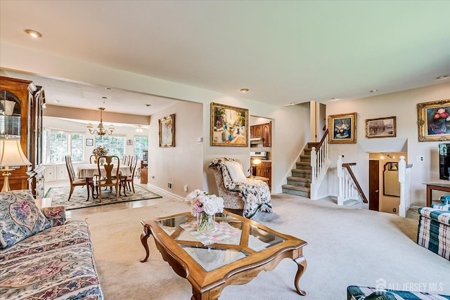 64 Annette Dr, Edison, NJ 08820 - living area with light colored carpet, stairs, and recessed lighting