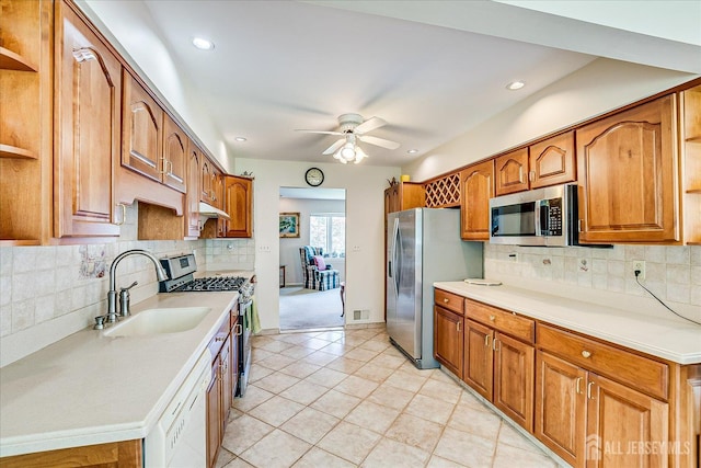 64 Annette Dr, Edison, NJ 08820 - kitchen with stainless steel appliances, open shelves, a ceiling fan, brown cabinetry, and light tile patterned flooring