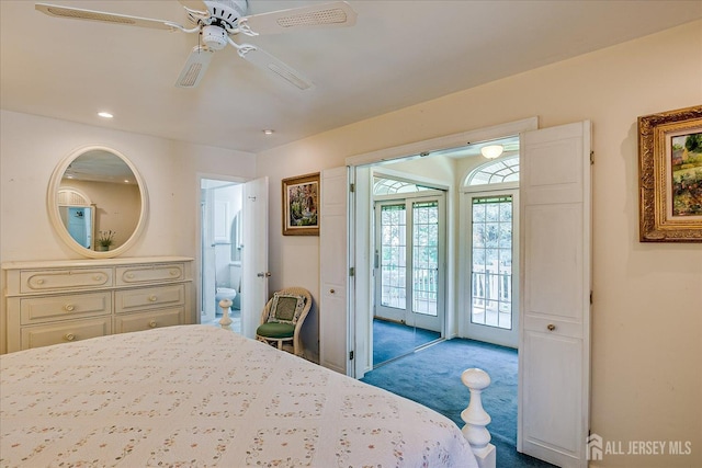 64 Annette Dr, Edison, NJ 08820 - carpeted bedroom featuring access to exterior, recessed lighting, ensuite bathroom, and a ceiling fan