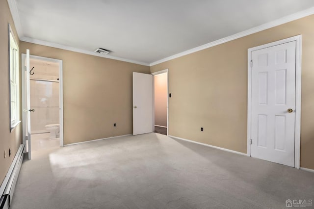 unfurnished bedroom featuring connected bathroom, multiple windows, a baseboard heating unit, crown molding, and light carpet