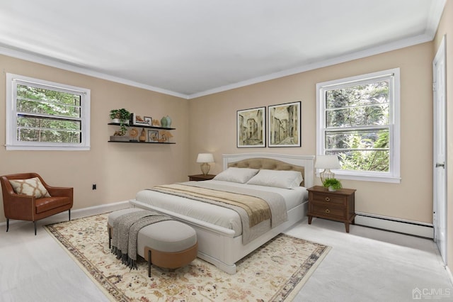 bedroom with light carpet, ornamental molding, and baseboard heating