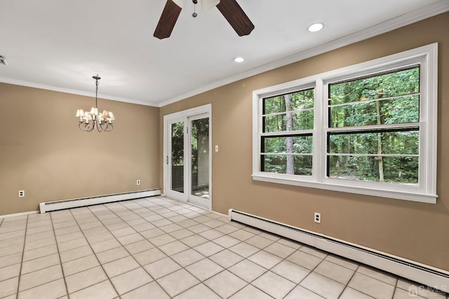 unfurnished room with a baseboard radiator, plenty of natural light, light tile patterned flooring, and crown molding