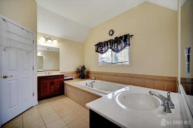 2 Eddie Ct, South Brunswick, NJ 08810 - bathroom featuring vanity, vaulted ceiling, tile patterned floors, and a whirlpool tub