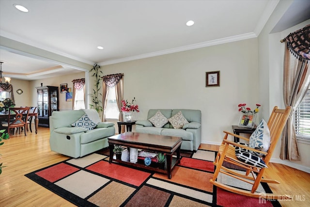 2 Eddie Ct, South Brunswick, NJ 08810 - living area featuring wood finished floors, crown molding, recessed lighting, a chandelier, and baseboards