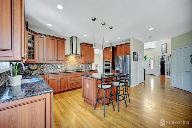 2 Eddie Ct, South Brunswick, NJ 08810 - kitchen with wall chimney exhaust hood, a sink, appliances with stainless steel finishes, tasteful backsplash, and recessed lighting