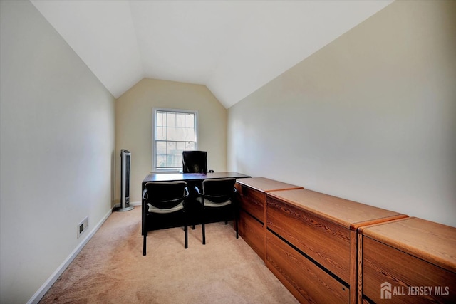 2 Eddie Ct, South Brunswick, NJ 08810 - office area featuring light colored carpet, lofted ceiling, and baseboards