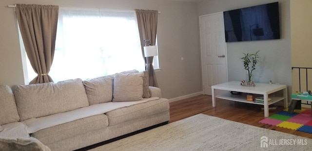 living area featuring baseboards and wood finished floors