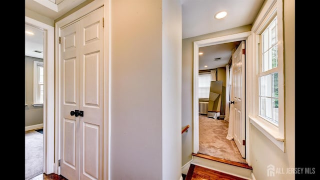 3 Mayfield Pl, Metuchen, NJ 08840 - hall featuring radiator, recessed lighting, and an upstairs landing