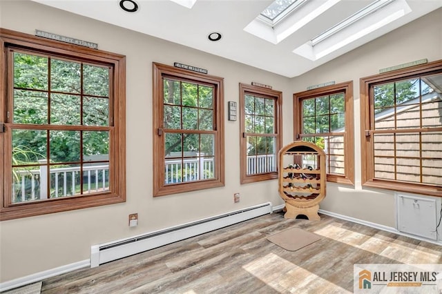 5 Serviss Ave, East Brunswick, NJ 08816 - unfurnished room with a baseboard heating unit, a skylight, wood finished floors, and plenty of natural light