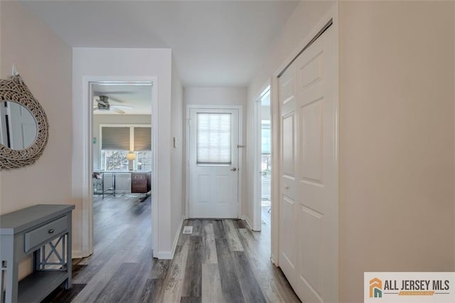 foyer with dark wood-type flooring, baseboards, and ceiling fan