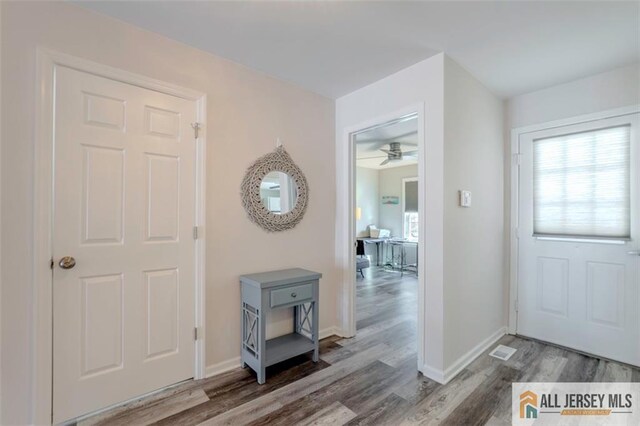 foyer featuring baseboards and wood finished floors