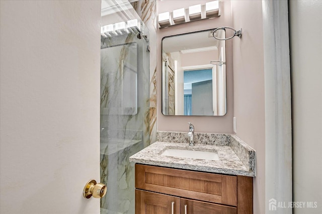 19 Carriage Pl, Edison, NJ 08820 - bathroom with vanity, a marble finish shower, and crown molding