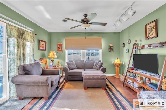 living room featuring ceiling fan, light hardwood / wood-style flooring, and rail lighting