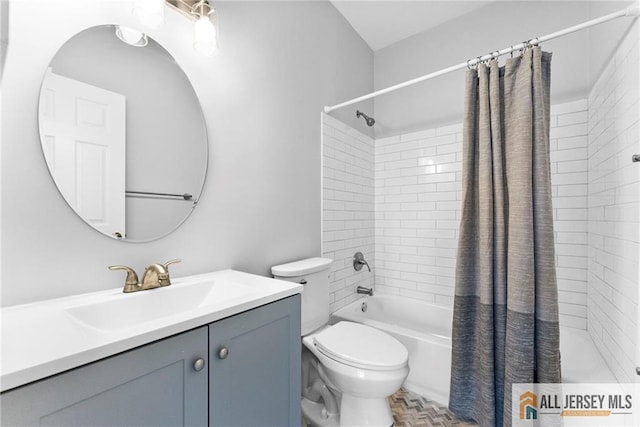 full bathroom with toilet, vanity, and shower / bath combination with curtain