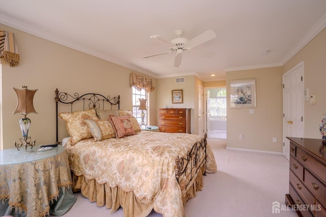 16 Baltusrol Ct, Monroe, NJ 08831 - bedroom featuring baseboards, ornamental molding, carpet floors, connected bathroom, and a ceiling fan