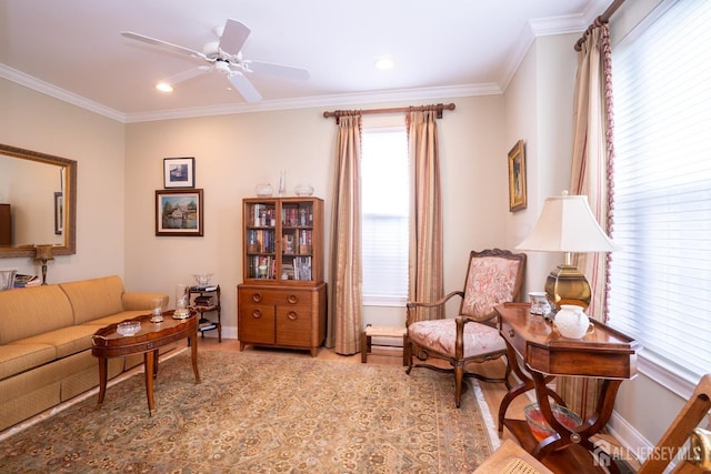 16 Baltusrol Ct, Monroe, NJ 08831 - living room featuring wood finished floors, ornamental molding, a ceiling fan, baseboards, and recessed lighting