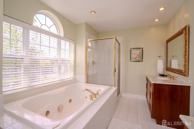 16 Baltusrol Ct, Monroe, NJ 08831 - bathroom featuring a shower stall, a tub with jets, vanity, tile patterned flooring, and recessed lighting