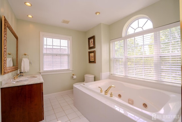 16 Baltusrol Ct, Monroe, NJ 08831 - full bathroom with a jetted tub, vanity, tile patterned floors, toilet, and recessed lighting
