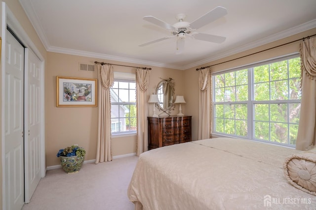 16 Baltusrol Ct, Monroe, NJ 08831 - bedroom featuring baseboards, ornamental molding, light colored carpet, a closet, and a ceiling fan