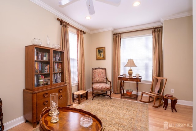 16 Baltusrol Ct, Monroe, NJ 08831 - sitting room with ceiling fan, baseboards, crown molding, light wood finished floors, and recessed lighting