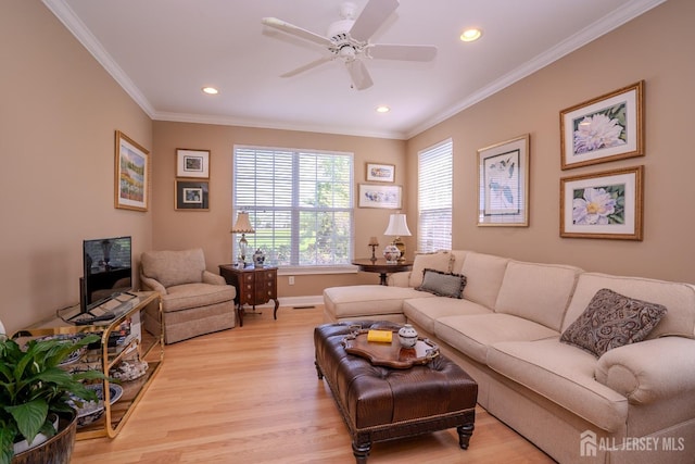 16 Baltusrol Ct, Monroe, NJ 08831 - living room with light wood-style flooring, recessed lighting, ornamental molding, ceiling fan, and baseboards