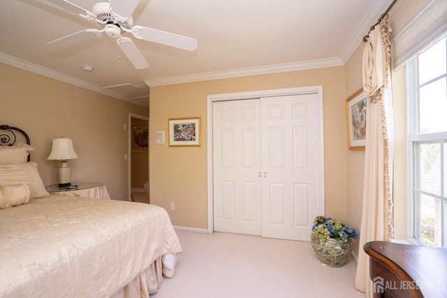 16 Baltusrol Ct, Monroe, NJ 08831 - bedroom featuring crown molding, light carpet, a closet, a ceiling fan, and baseboards