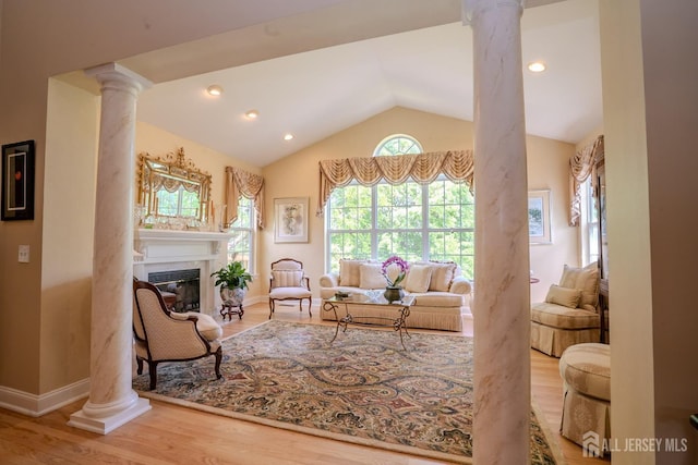 16 Baltusrol Ct, Monroe, NJ 08831 - living area featuring ornate columns, wood finished floors, a fireplace, baseboards, and recessed lighting