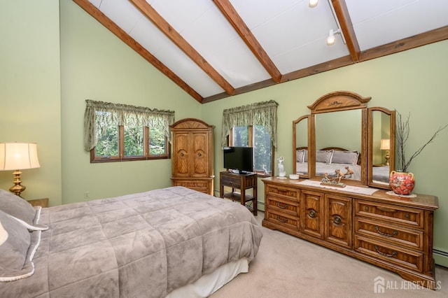 22 Roosevelt St, Pequannock, NJ 07440 - carpeted bedroom featuring a baseboard heating unit, beam ceiling, and high vaulted ceiling